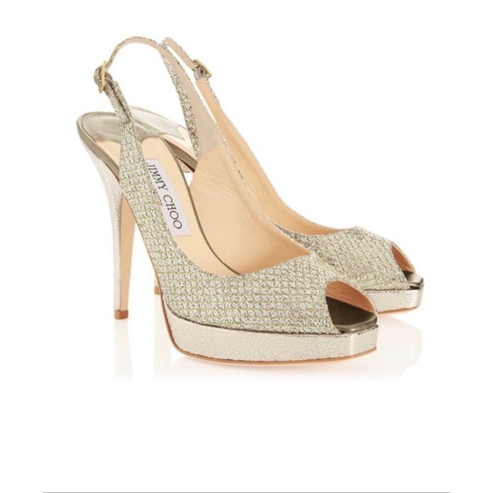 Jimmy Choo Glitter Peep Toe Heels size 40 Gold Slingback
